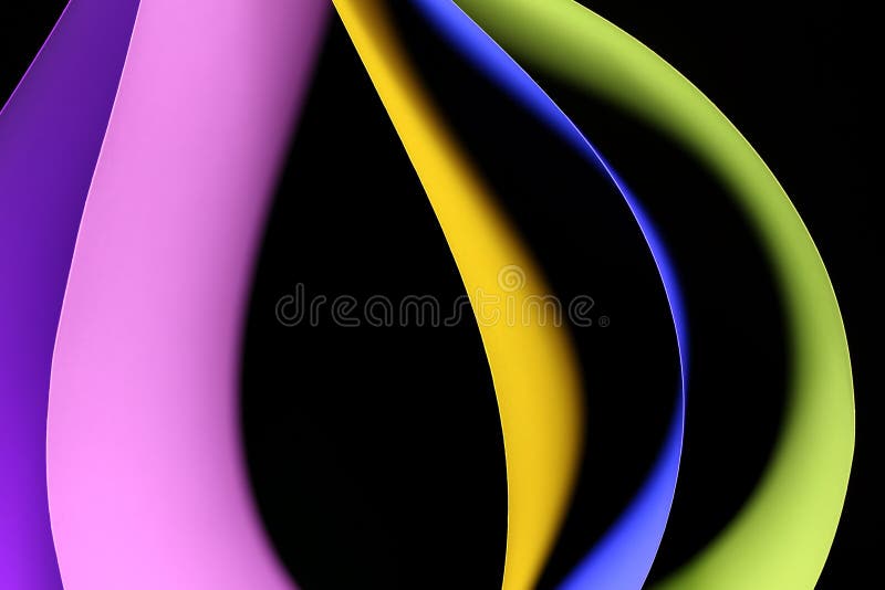 Graphic design of five sheets of paper, purple pink yellow blue and green paper on a black background. Graphic design of five sheets of paper, purple pink yellow blue and green paper on a black background