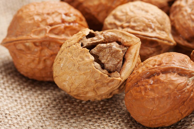 Walnut close up in a Jute Bag. Walnut close up in a Jute Bag