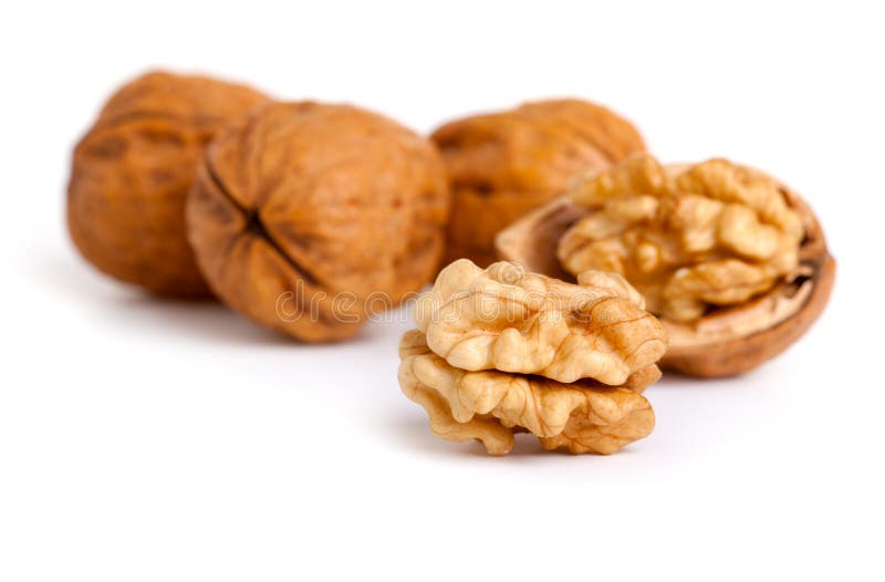 Walnut and a cracked walnut on the white background. Walnut and a cracked walnut on the white background