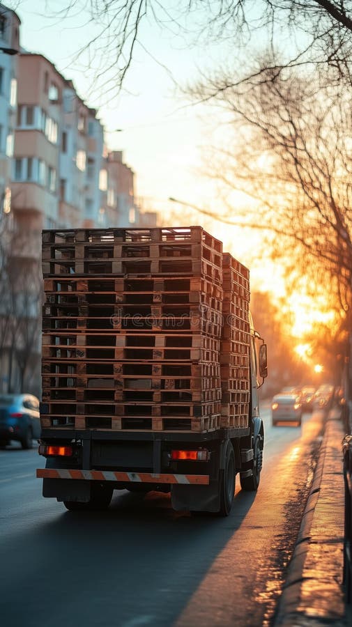 грузовой автомобиль с деревянными поддонами спускает городской уличный грузовой транспорт на закате бесплатная иллюстрация