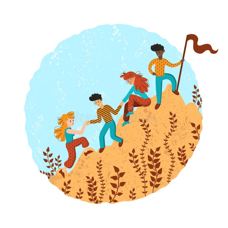 Group of climbers helping each other. Concept of teamwork. International business people in mountains. Leader on the top. Vector illustration in flat cartoon style. Group of climbers helping each other. Concept of teamwork. International business people in mountains. Leader on the top. Vector illustration in flat cartoon style.