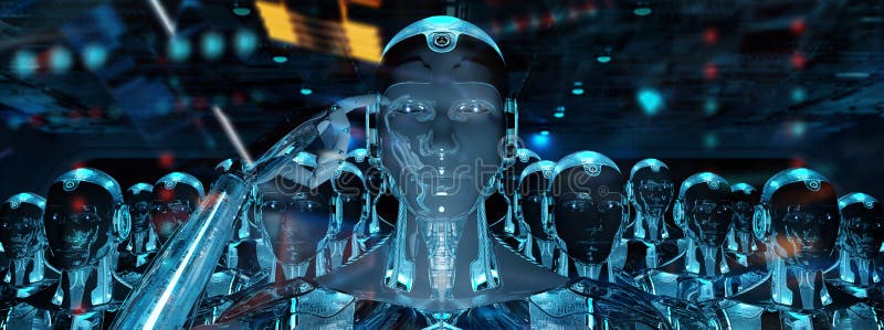 Группа в составе мужские роботы следовать переводом армии 3d киборга руководителя иллюстрация штока Группа в составе мужские роботы следовать переводом армии 3d киборга руководителя иллюстрация штока