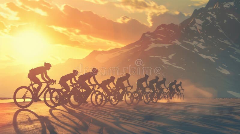 A group of highend cyclists riding in unison with the sun shining behind them and a breathtaking mountain range in the background. AI generated. A group of highend cyclists riding in unison with the sun shining behind them and a breathtaking mountain range in the background. AI generated