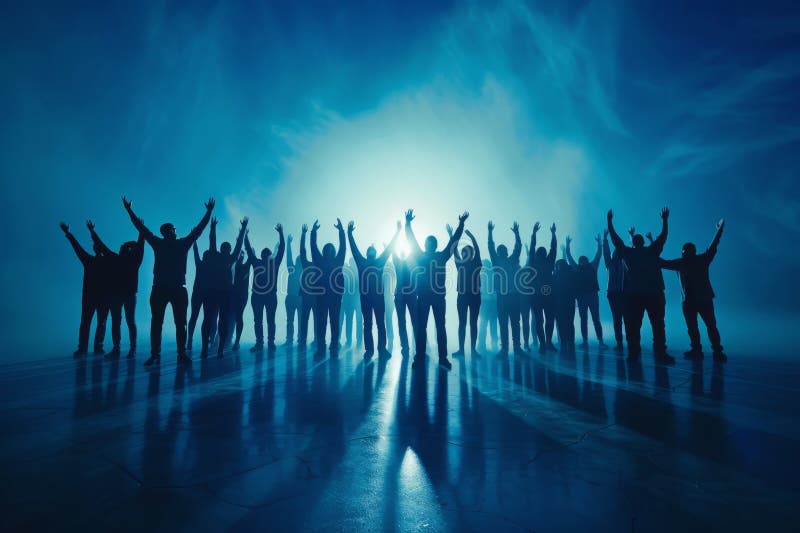 a group of people standing raises their hands up, Working together concept AI generated. a group of people standing raises their hands up, Working together concept AI generated