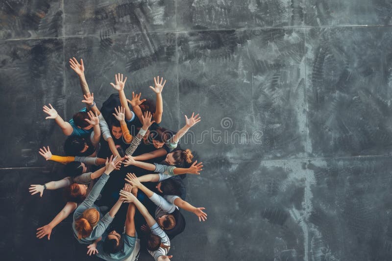 a group of people standing in a circle raises their hands up, Working together concept AI generated. a group of people standing in a circle raises their hands up, Working together concept AI generated