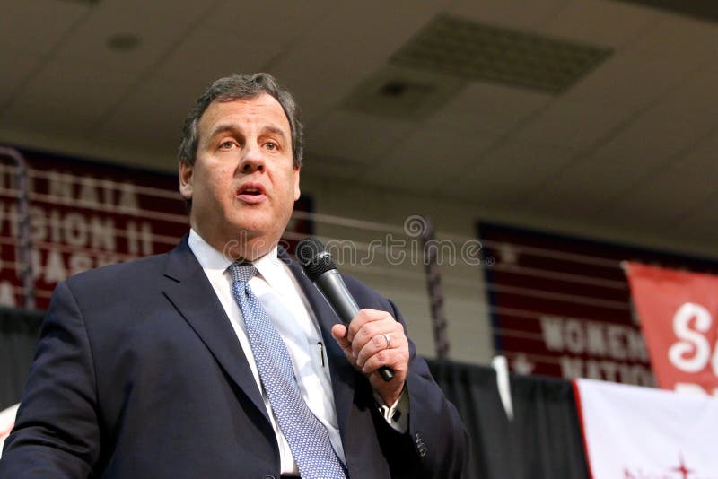 Presidential Candidate, Chris Christie, addresses the crowd at a Republican political rally in Orange City, Iowa. Presidential Candidate, Chris Christie, addresses the crowd at a Republican political rally in Orange City, Iowa.