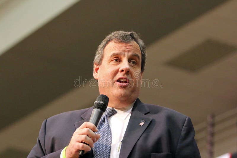 Presidential Candidate, Chris Christie, addresses the crowd at a Republican political rally in Orange City, Iowa. Presidential Candidate, Chris Christie, addresses the crowd at a Republican political rally in Orange City, Iowa.