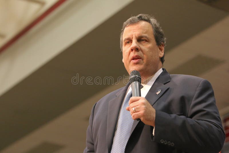 Presidential Candidate, Chris Christie, addresses the crowd at a Republican political rally in Orange City, Iowa. Presidential Candidate, Chris Christie, addresses the crowd at a Republican political rally in Orange City, Iowa.