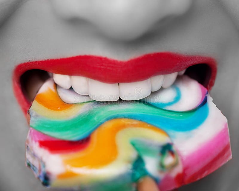 Picture of candy, lips and white teeth. Picture of candy, lips and white teeth