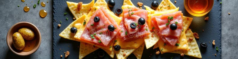 Гурма начос с оливками и травами сыра prosciutto на блюде стоковая фотография