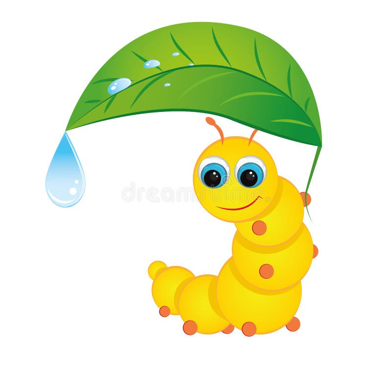 Cute yellow caterpillar hiding under a leaf from the rain. Cute yellow caterpillar hiding under a leaf from the rain