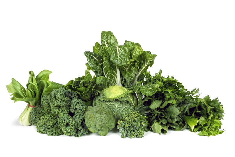 Variety of leafy green vegetables isolated on white background. Variety of leafy green vegetables isolated on white background.