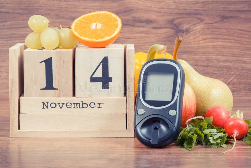 Датируйте 14-ое ноября, glucometer для проверять уровень и плодоовощи сахара с овощами, день диабета мира и боя концепции заболев стоковое изображение rf Датируйте 14-ое ноября, glucometer для проверять уровень и плодоовощи сахара с овощами, день диабета мира и боя концепции заболев стоковое изображение rf