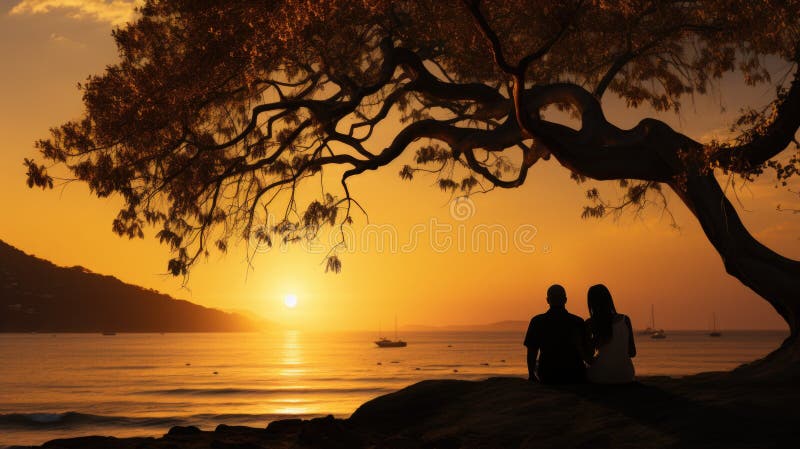 два человека сидят под деревом, наблюдая за закатом солнца. общий вспомогательный образ. иллюстрация штока
