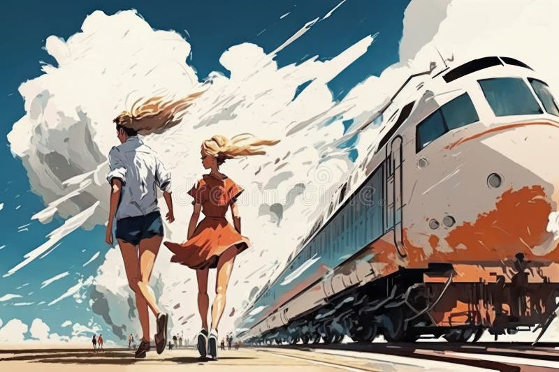 Две женщины гуляют рядом с поездом. красивое творческое искусство. генеративный помощник иллюстрация вектора