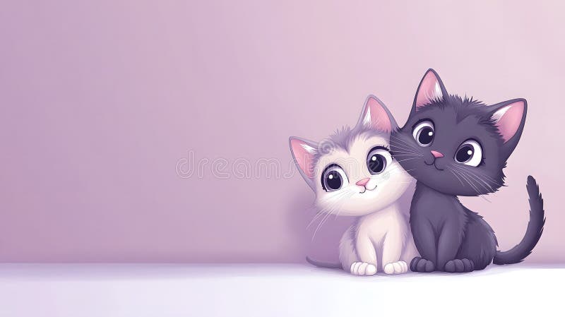 две милые карикатурные кошки на фиолетовом фоне. шаблон для кавычек и поздравительных открыток. иллюстрация штока