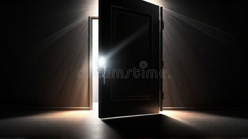 дверь открывается и яркий свет затопляет темную комнату. концепция ...
