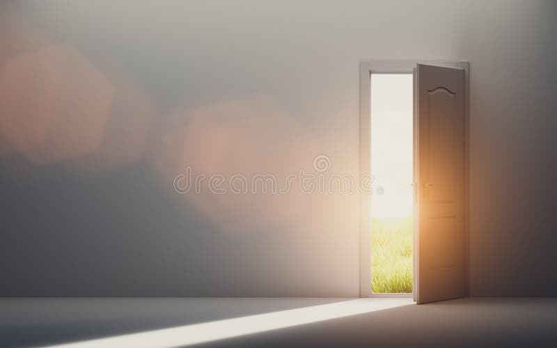 Door open to new better world, positive optimistic future. Hope concept. 3D illustration. Door open to new better world, positive optimistic future. Hope concept. 3D illustration