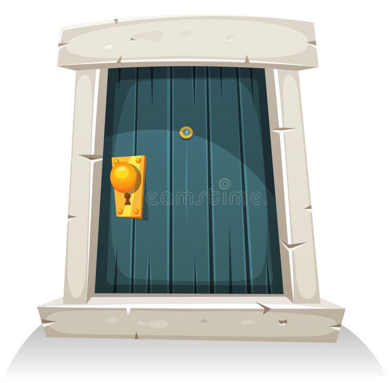 Illustration of a cartoon comic little curved wood door with stone doorframe. Illustration of a cartoon comic little curved wood door with stone doorframe