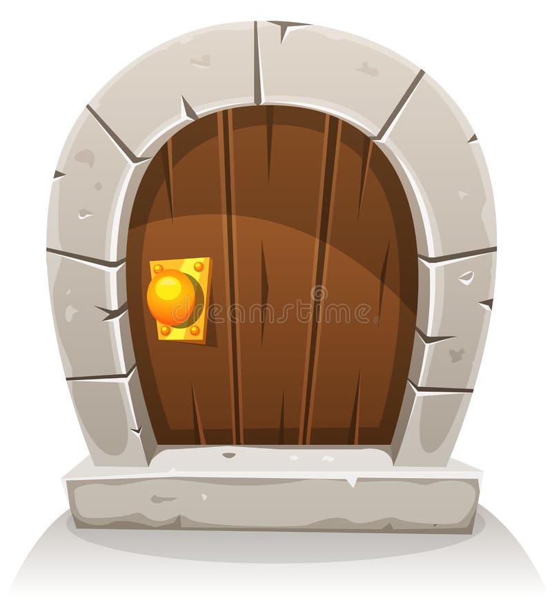 Illustration of a cartoon comic hobbit like funny little curved wood door with stone doorframe. Illustration of a cartoon comic hobbit like funny little curved wood door with stone doorframe