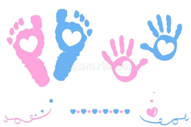 Twin baby girl and boy feet and hand print arrival card vector. Twin baby girl and boy feet and hand print arrival card vector