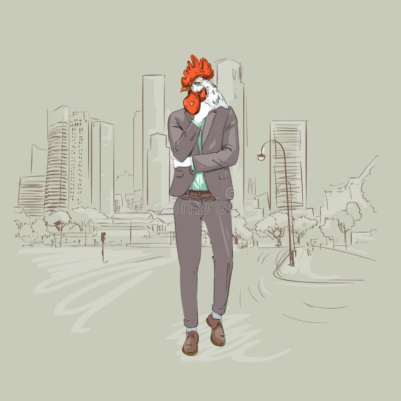 Деловой костюм битника петуха шаржа нося над азиатом небоскреба города Modent традиционным символ 2017 Новых Годов иллюстрация штока Деловой костюм битника петуха шаржа нося над азиатом небоскреба города Modent традиционным символ 2017 Новых Годов иллюстрация штока