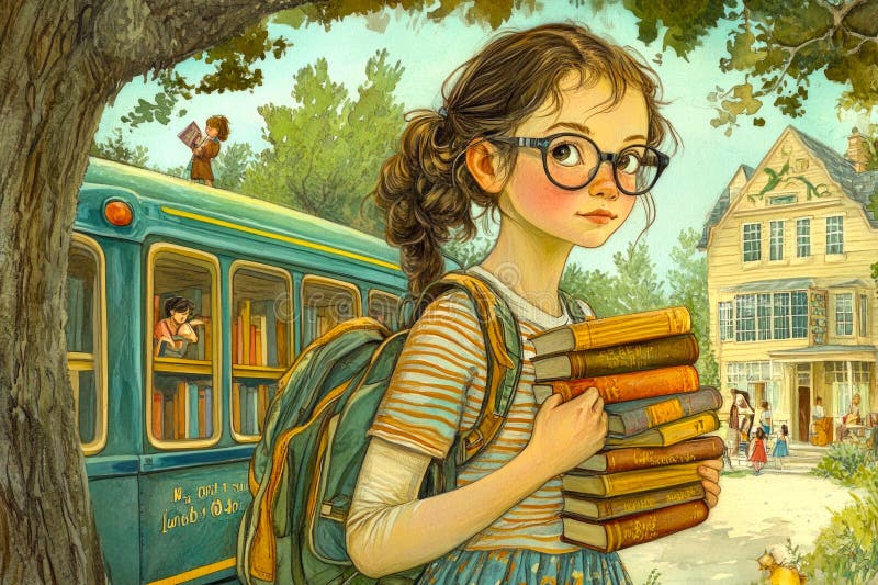 девочка в очках стоит возле красочного школьного автобуса с книгами на руках. у нее есть рюкзак и любопытный иллюстрация вектора