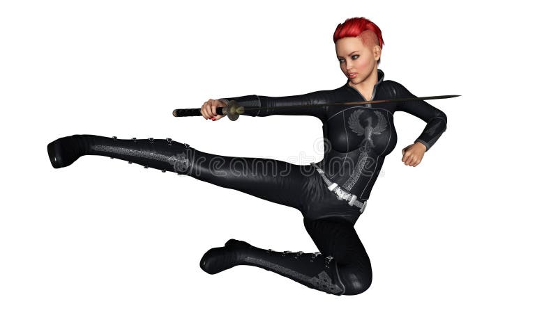 Девушка Redhead при шпага самураев выполняя пинок летания, девушку с katana иллюстрация штока Девушка Redhead при шпага самураев выполняя пинок летания, девушку с katana иллюстрация штока