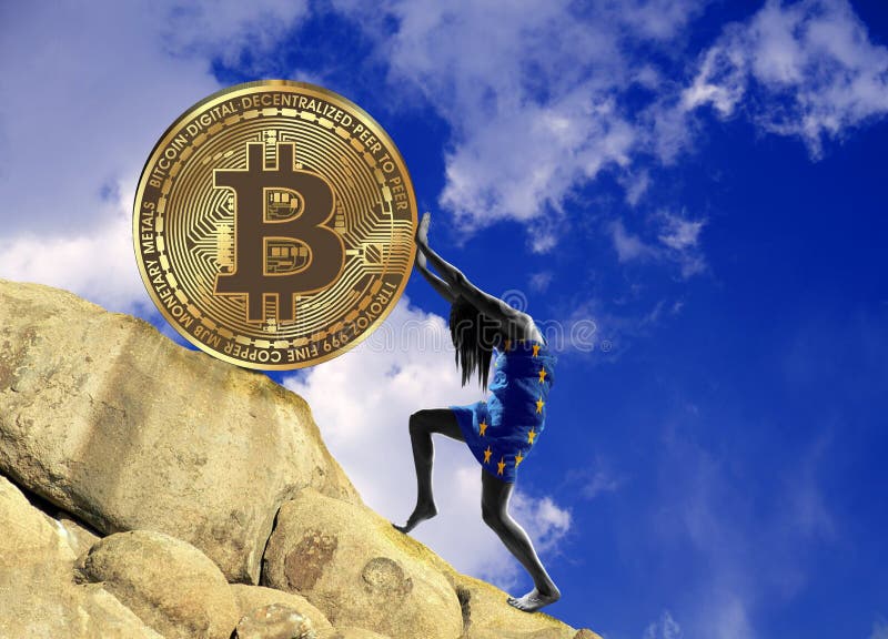 Девушка, в оболочке во флаге Европейского союза, поднимает монетку bitcoin вверх по холму иллюстрация штока Девушка, в оболочке во флаге Европейского союза, поднимает монетку bitcoin вверх по холму иллюстрация штока