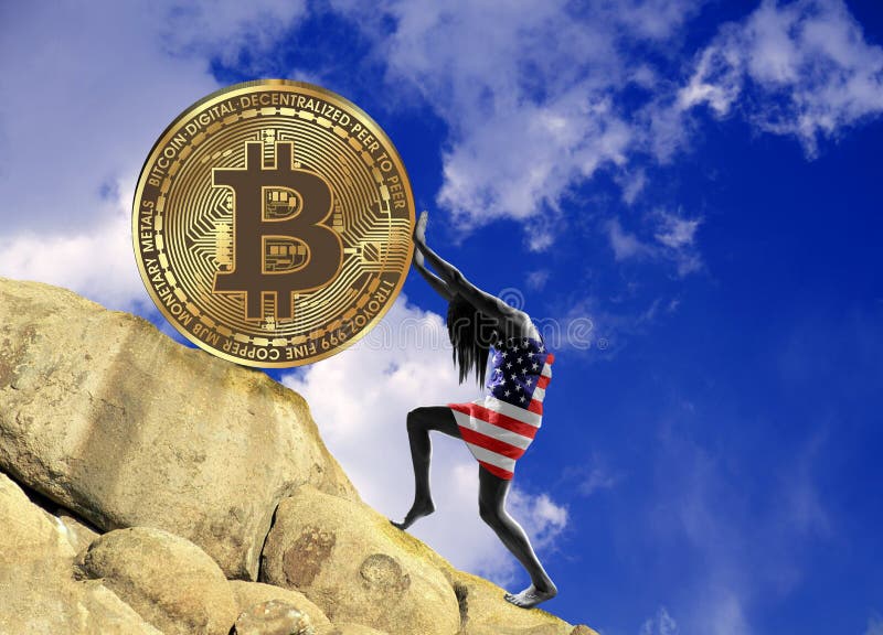 Девушка в оболочке во флаге США поднимает монетку bitcoin вверх по холму иллюстрация штока Девушка в оболочке во флаге США поднимает монетку bitcoin вверх по холму иллюстрация штока