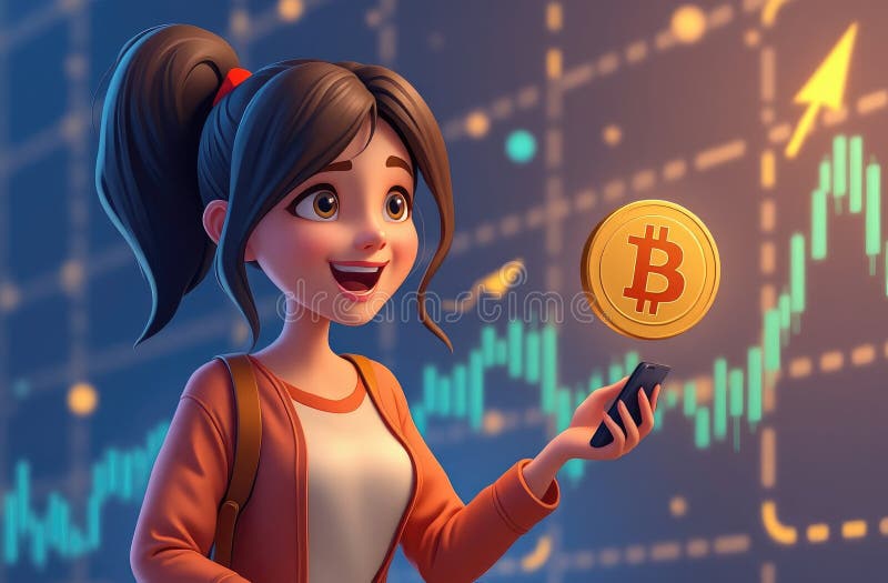 девушка в повседневной одежде проверяет рост биткоина на графике телефона в фоне смешная иллюстрация иллюстрация вектора
