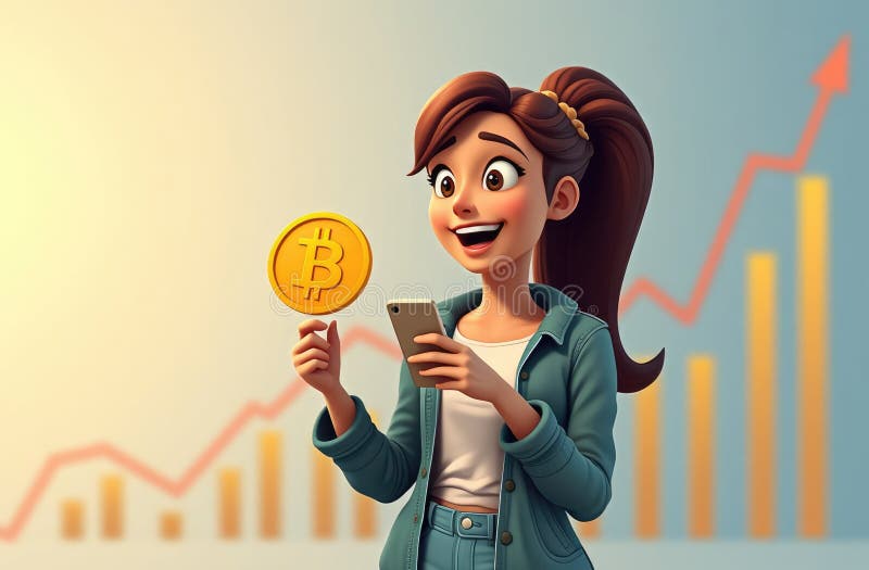 девушка в повседневной одежде проверяет рост биткоина на графике телефона в фоне смешная иллюстрация иллюстрация штока