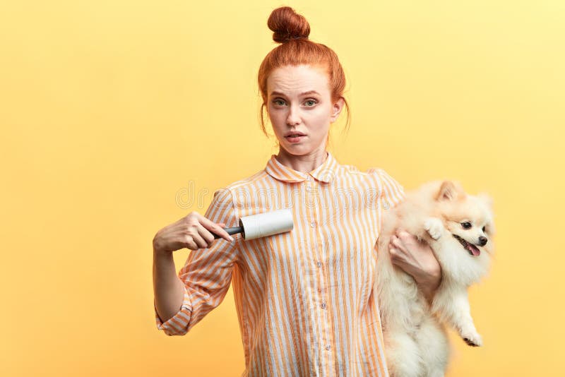 Девушка имбиря держа ее rollerand любимца и корпии смотря камеру стоковые фотографии rf Девушка имбиря держа ее rollerand любимца и корпии смотря камеру стоковые фотографии rf