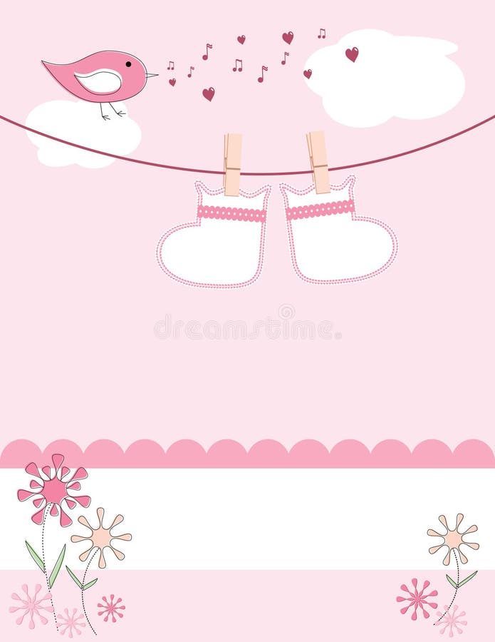 Baby booties hanging on a clothesline with bird singing and flowers blooming on a pink background are sure to welcome the arrival of a new baby girl. Baby booties hanging on a clothesline with bird singing and flowers blooming on a pink background are sure to welcome the arrival of a new baby girl