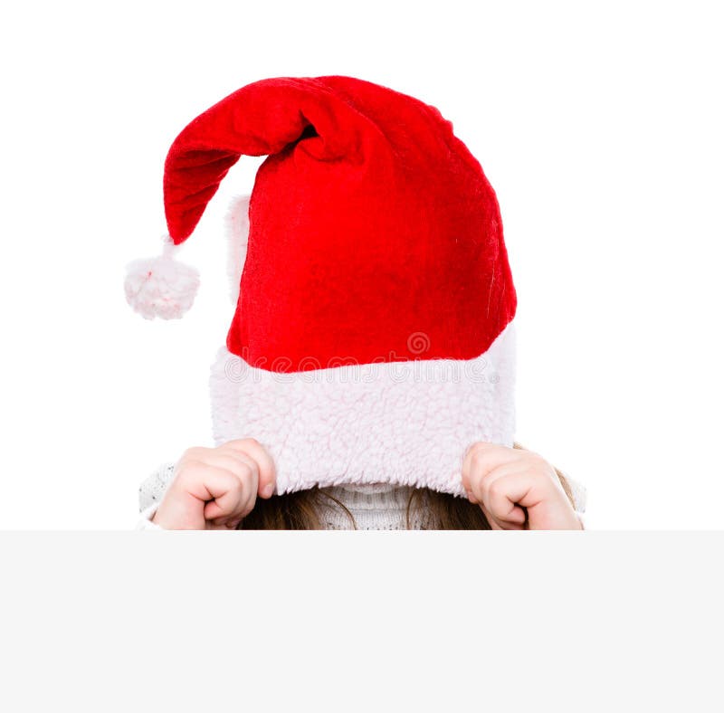 Девушка при красная шляпа santa peeking за пустой доской Изолированный o стоковая фотография Девушка при красная шляпа santa peeking за пустой доской Изолированный o стоковая фотография