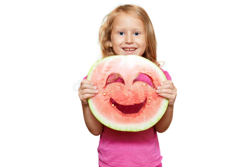 Девушка с smiley арбуза стоковая фотография Девушка с smiley арбуза стоковая фотография