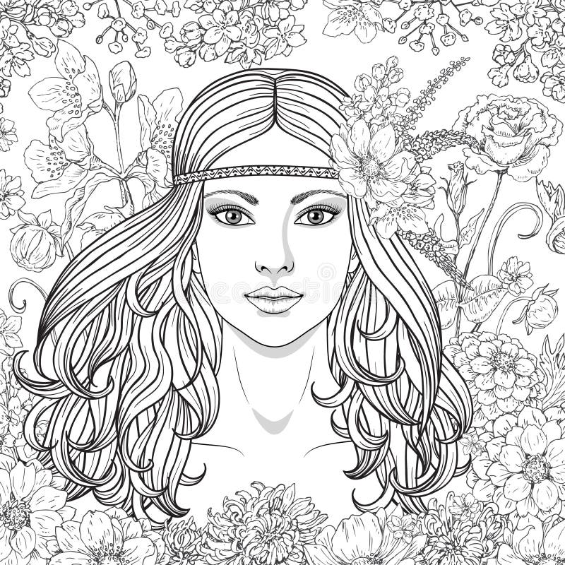 Девушка с изображением оконтуренным цветками