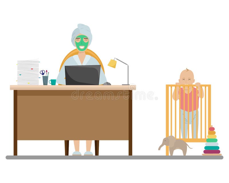 A girl with a towel on her head and a facemask works from home. Remote work. Freelance. Work on maternity leave. A small child in a bed. Flat cartoon style vector illustration. A girl with a towel on her head and a facemask works from home. Remote work. Freelance. Work on maternity leave. A small child in a bed. Flat cartoon style vector illustration