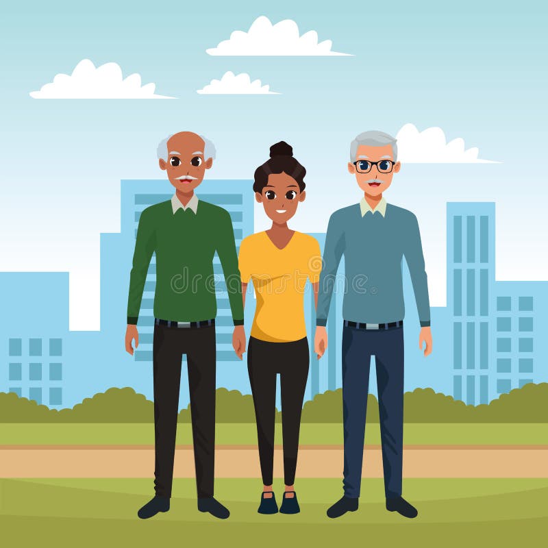 Family grandfathers with adulttt afro granddaughter in the city park scenery ,vector illustration graphic design. Family grandfathers with adulttt afro granddaughter in the city park scenery ,vector illustration graphic design.