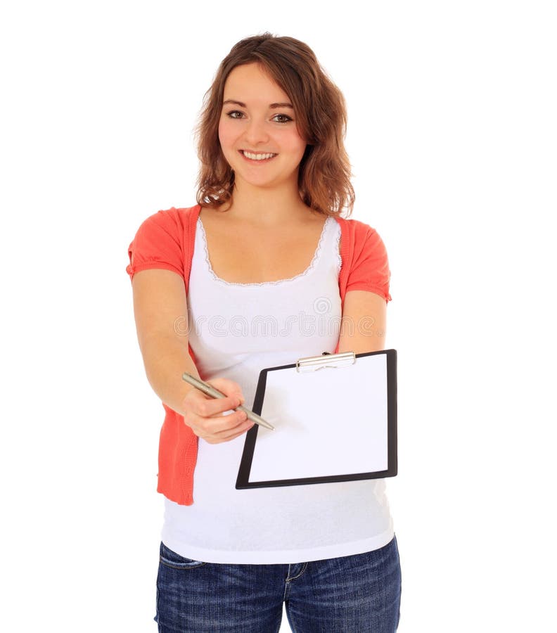 Attractive teenage girl holding clipboard an pen. All on white background. Attractive teenage girl holding clipboard an pen. All on white background.