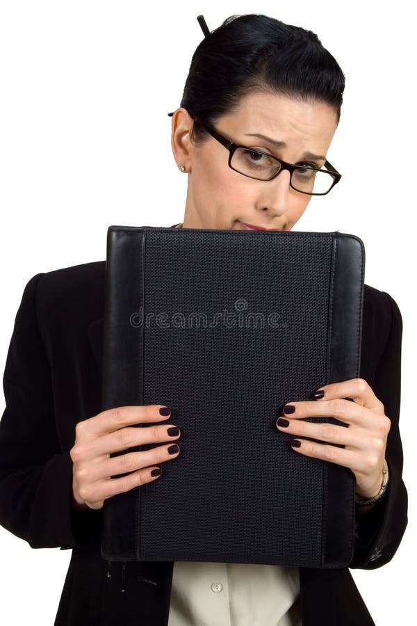 Female holding briefcase looking shy. Female holding briefcase looking shy