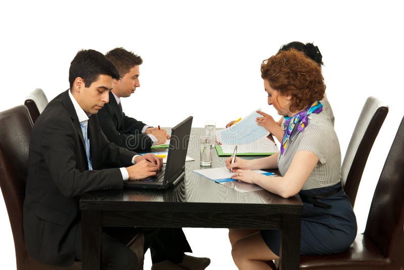 Four business people having meeting against white background. Four business people having meeting against white background