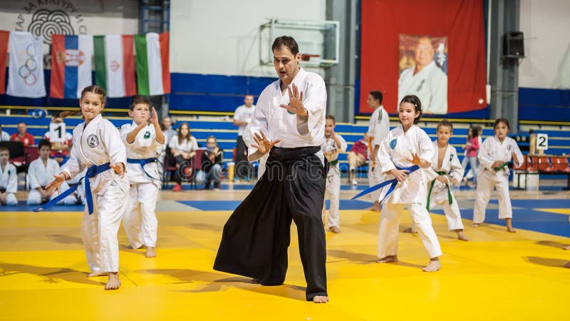 Демонстрация спорта боевых искусств детей и детей Kyokushin стоковая фотография rf Демонстрация спорта боевых искусств детей и детей Kyokushin стоковая фотография rf