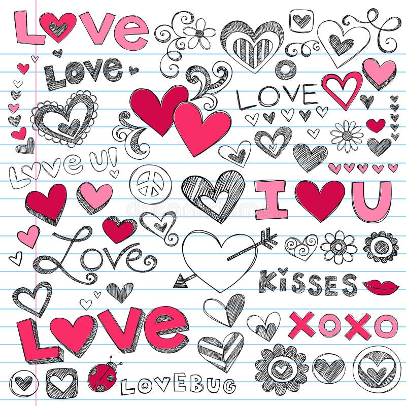 Valentine''s Day Love & Hearts Sketchy Notebook Doodles Design Elements on Lined Sketchbook Paper Background- Vector Illustration. Valentine''s Day Love & Hearts Sketchy Notebook Doodles Design Elements on Lined Sketchbook Paper Background- Vector Illustration