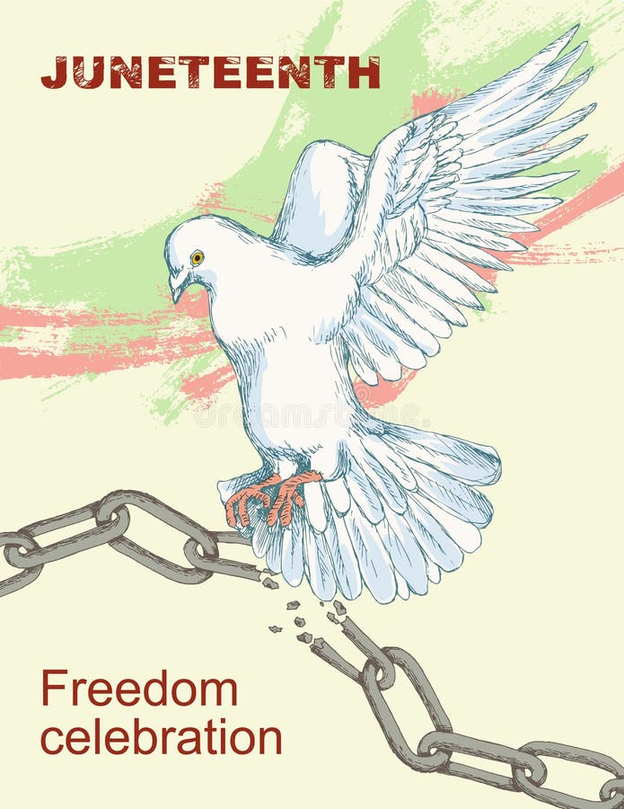 День Juneteenth Сломленная цепь и сережки Голубь, птица, символ мира и счастье, свобода Чертеж стиля эскиза руки Sl иллюстрация вектора День Juneteenth Сломленная цепь и сережки Голубь, птица, символ мира и счастье, свобода Чертеж стиля эскиза руки Sl иллюстрация вектора