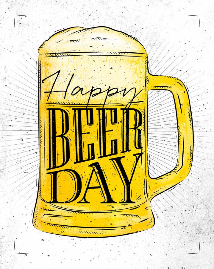 Poster beer glass lettering happy beer day drawing in vintage style with coal on paper background. Poster beer glass lettering happy beer day drawing in vintage style with coal on paper background