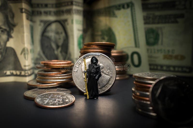 Grim reaper with pile of cash symbolizing the evil of money. Grim reaper with pile of cash symbolizing the evil of money