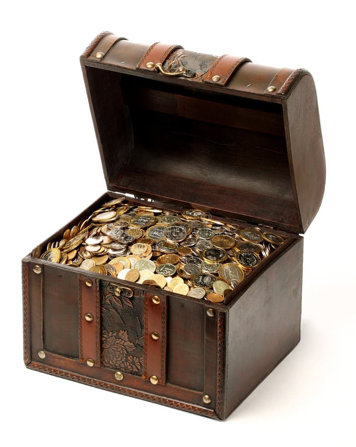 A wooden ancient chest full of money. A wooden ancient chest full of money