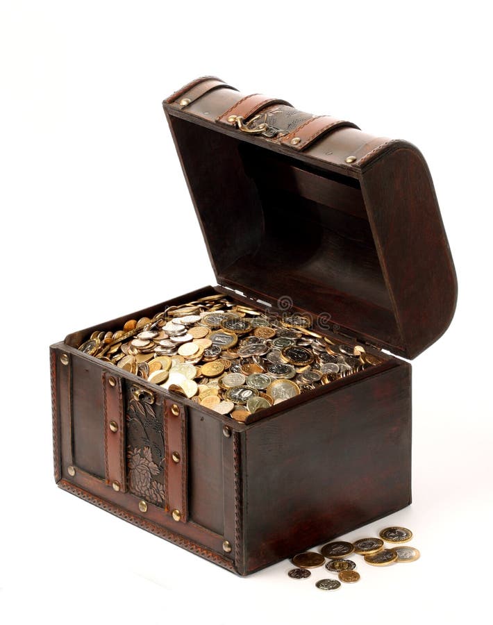 A wooden ancient chest full of money. A wooden ancient chest full of money