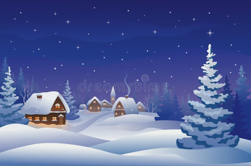 Illustration of a snowy Christmas eve village. Illustration of a snowy Christmas eve village